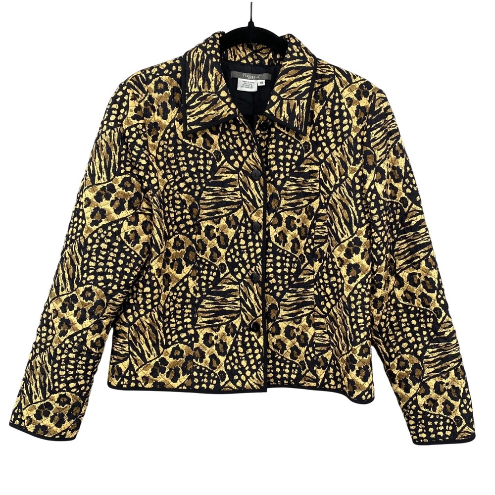 Vintage‎ Maggie L Womens Silk Quilted Jacket Animal Print Black Gold Size 10